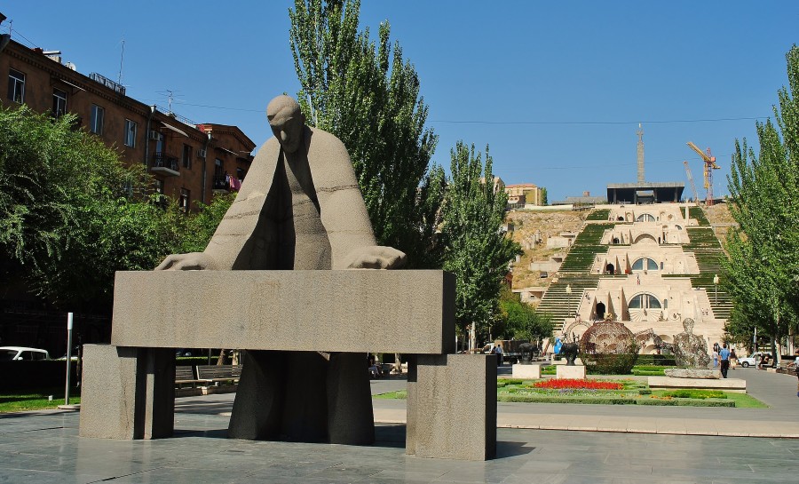The famous Cascade in Yerevan, the capital of Armenia. In front of the Cascade there is a monument of architect Alexander Tamanian, who was the first to come up with the idea to build this object.