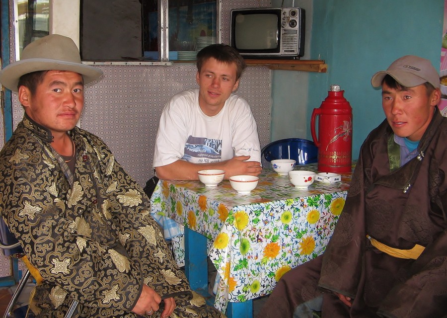 With the Mongols in a teahouse in the Gobi desert.