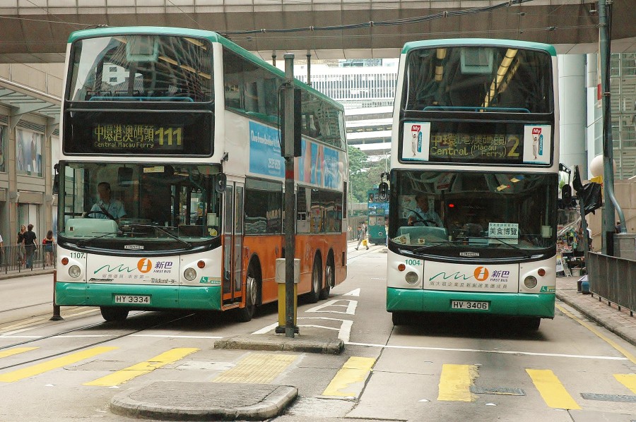 Double decker buses like in London. Kowloon, Hong Kong.