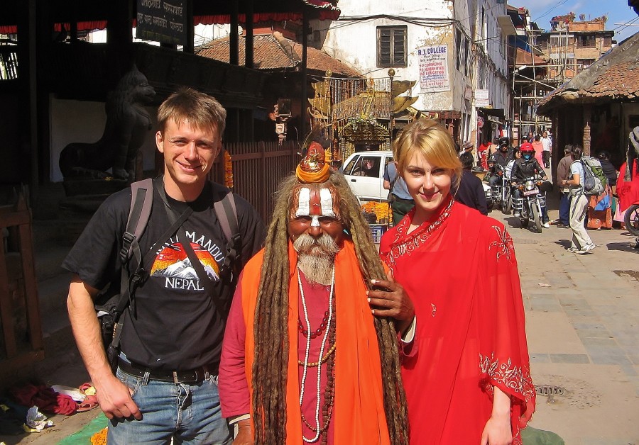 With a Nepalese man dressed in traditional costume. I really enjoyed this experience. Kathmandu; Nepal.