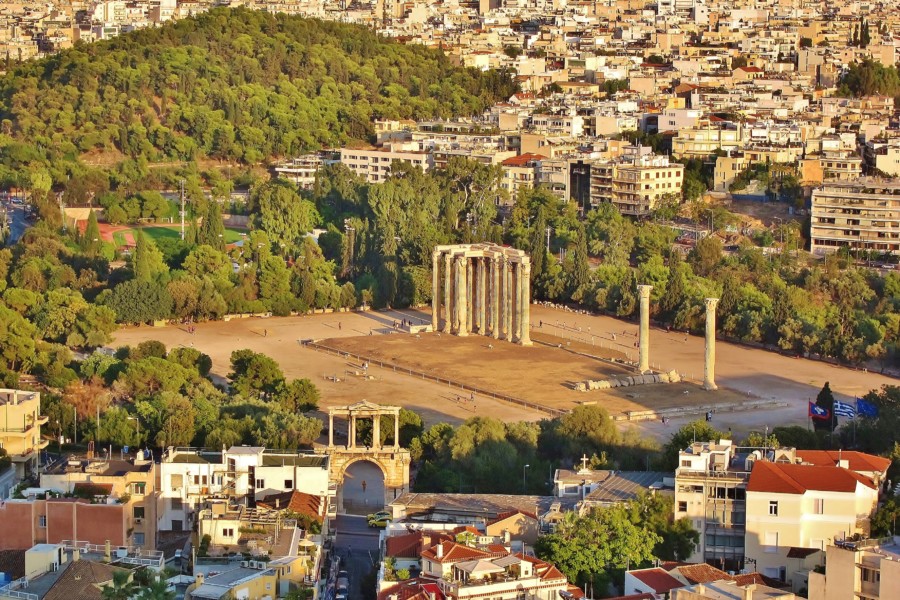 View of the Temple of Zeus and the Hadrian's Arch in Athens.