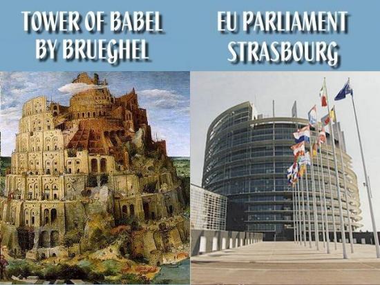 Wieża Babel oraz łudząco podobny do niej Europejski Parlament.