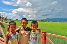 Birma - chłopcy przez polem ryżowym.