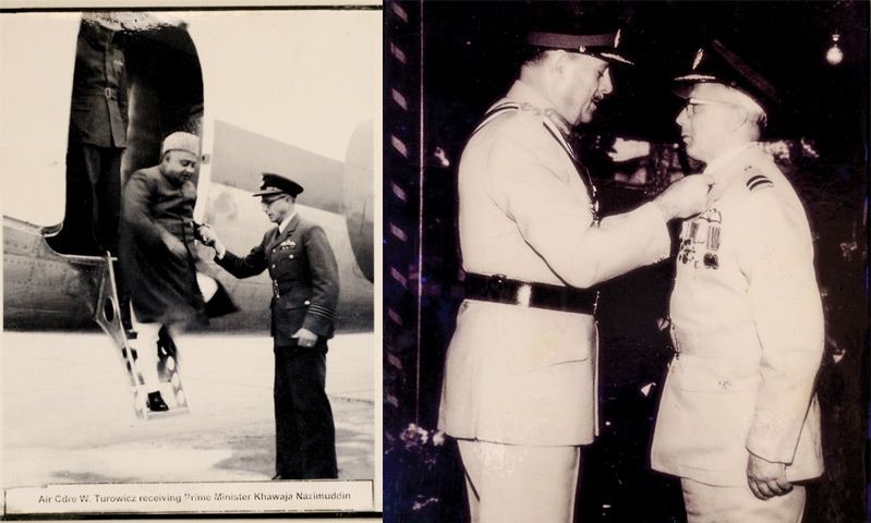 Po lewej: Władysław Turowicz odbiera z lotniska wschodnio – pakistańskiego premiera Khawaja Nazimuddina. (W 1971 roku Wshodni Pakistan stał się Bangladeszem). Po prawej: w 1966 roku Władysław Turowicz został odznaczony przez prezydenta Ayuba Khana za zasługi dla Pakistańskich Sił Powietrznych.